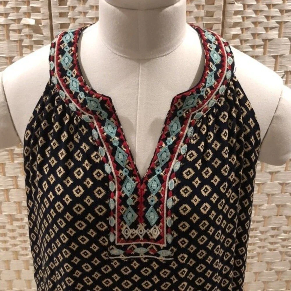 THML Anthropologie Embroidered Lined Faye Dress Printed Sleeveless Size Medium